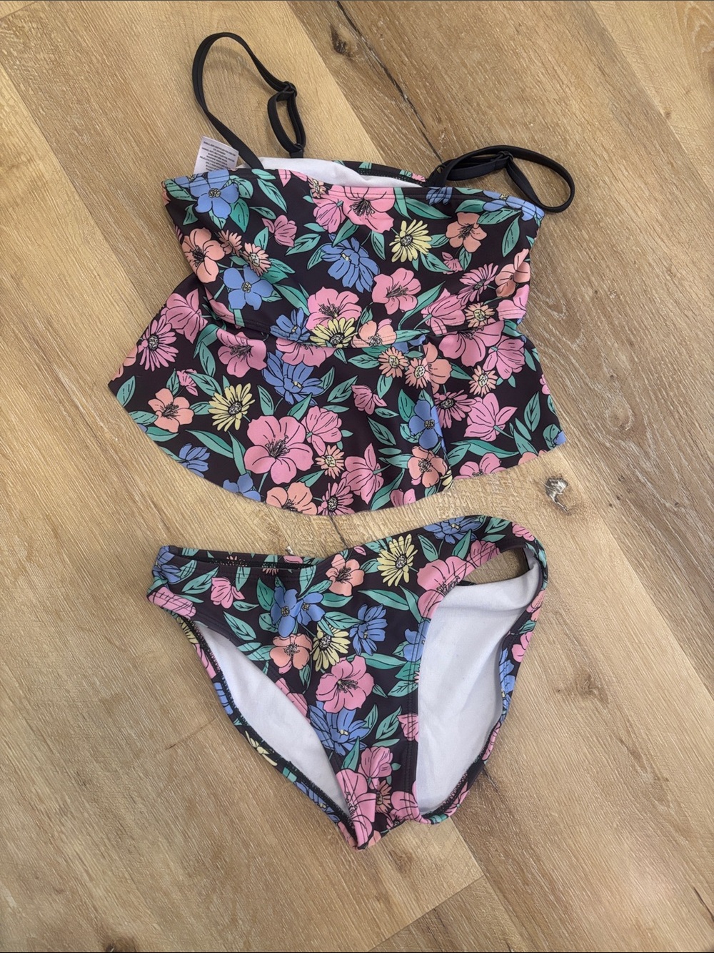 Kids Art Class Floral Two-Piece Swim Set in Black with Pink & Blue Flowers
